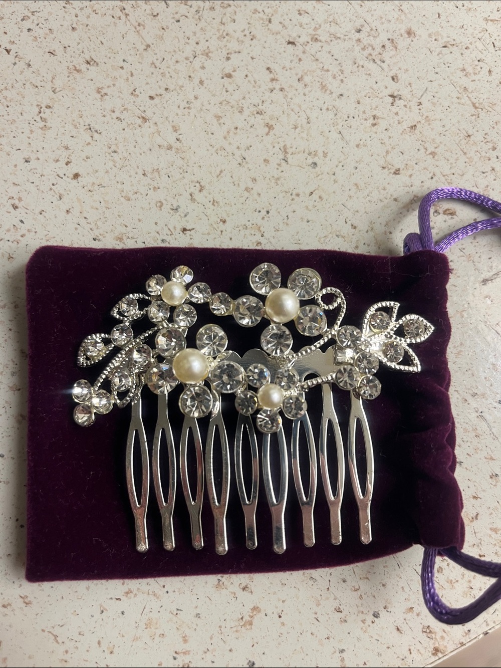 Rhinestone Pearl Floral Hair Comb - Silver